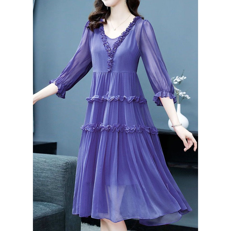 Boutique Purple Wrinkled V Neck Patchwork Silk Two Pieces Set Summer