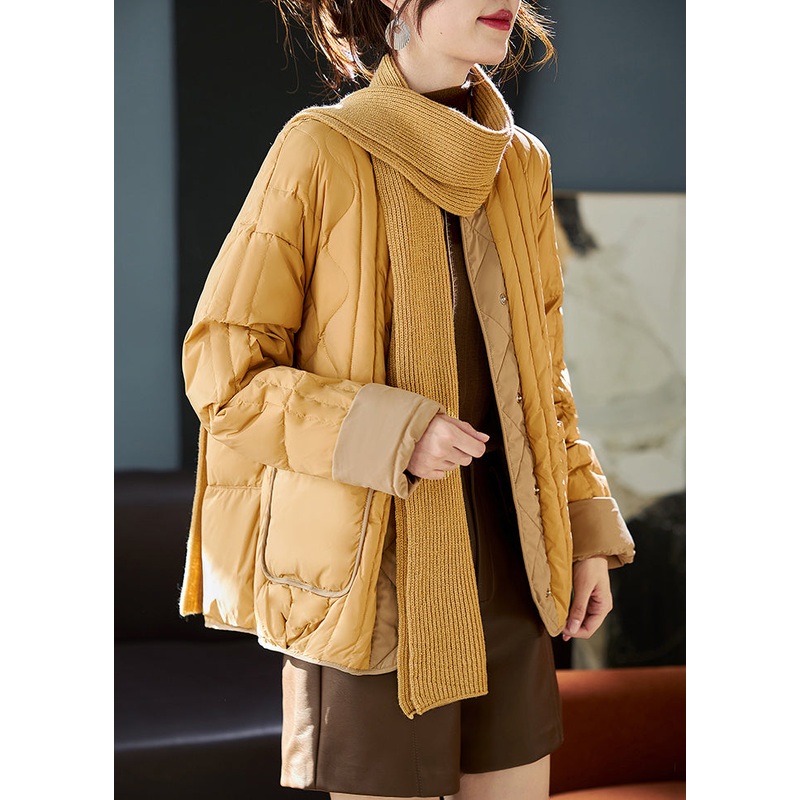 Boutique Yellow O-Neck Patchwork Free Scarf Duck Down Puffer Jacket Winter