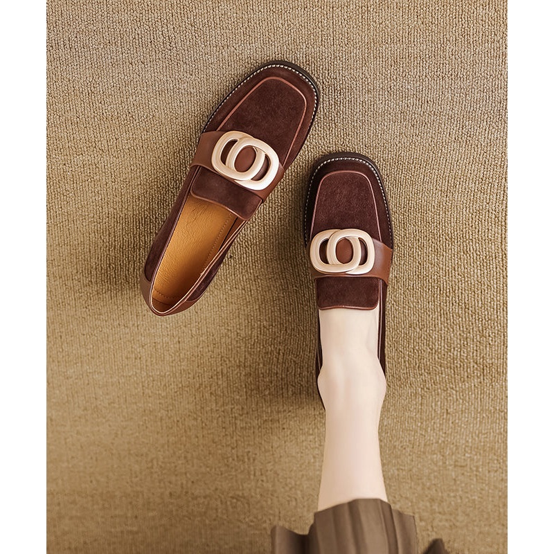 Brown Retro Chunky Suede Simple Splicing Metal Buckle