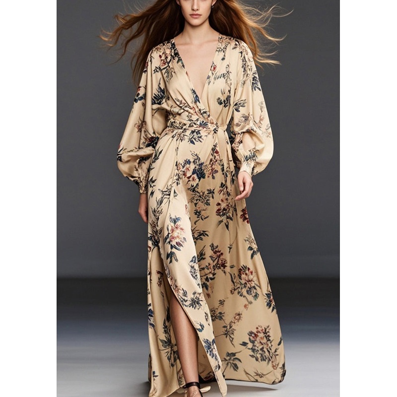 Casual Khaki Print Side Open Chiffon Long Dress Fall