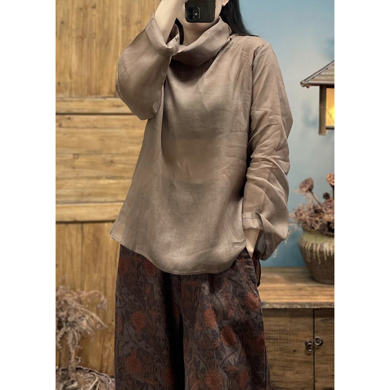 Casual Loose Coffee Turtle Neck Linen Top Long Sleeve