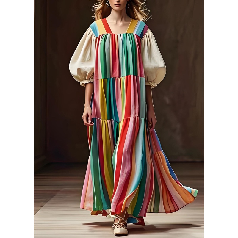 Chic Colorblock Wrinkled Patchwork Cotton Dress Lantern Sleeve