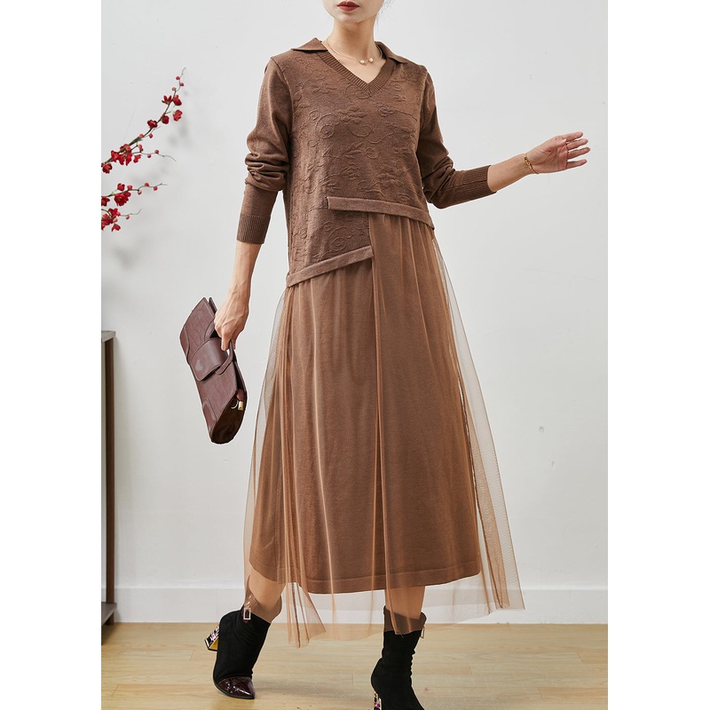 Chic Khaki Jacquard Patchwork Wool Tulle Dress Summer