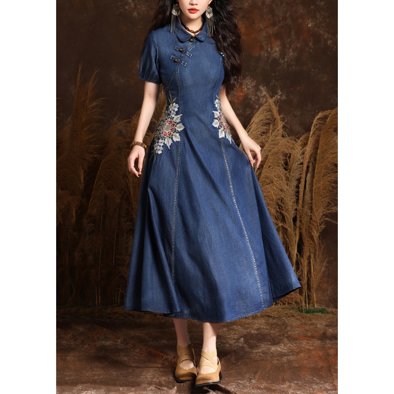 Chic Navy Peter Pan Collar Embroidered Button Denim Maxi Dresses Summer