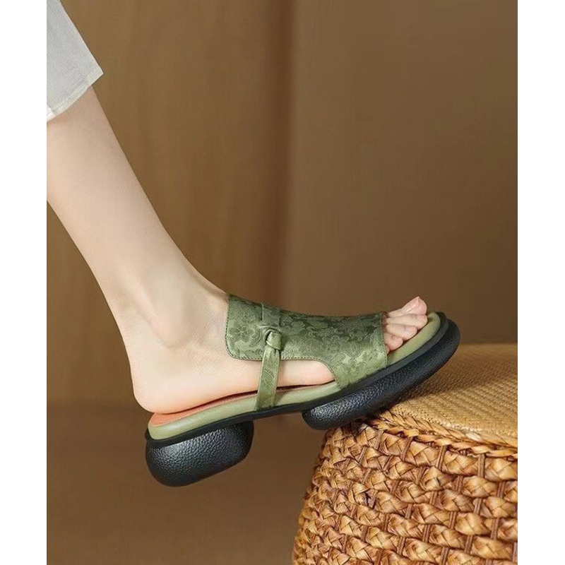 Chinese Style Green Splicing Platform Slide Sandals Peep Toe