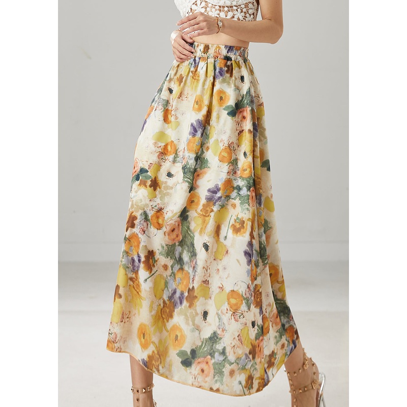 Classy Apricot Elastic Waist Print Linen Skirts Summer