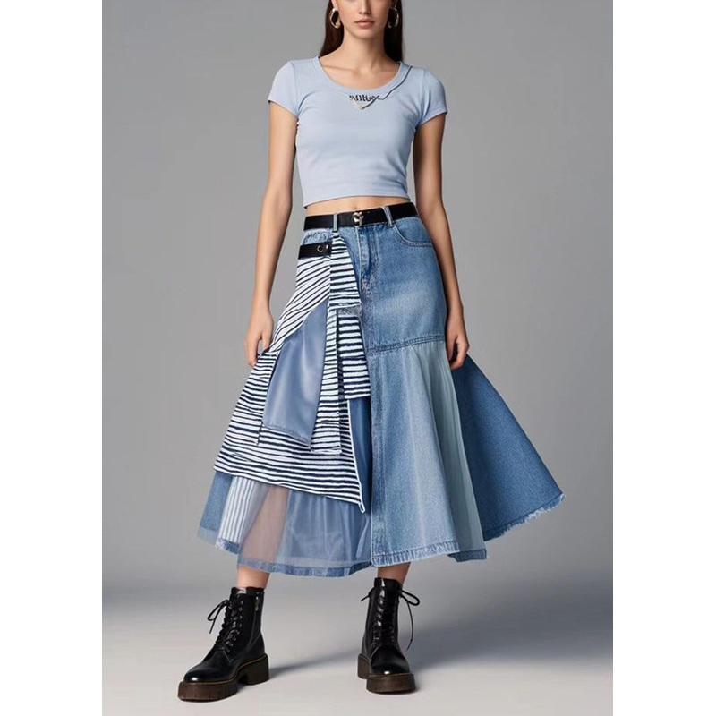 Classy Blue Asymmetrical Patchwork Organza Denim Skirt Spring