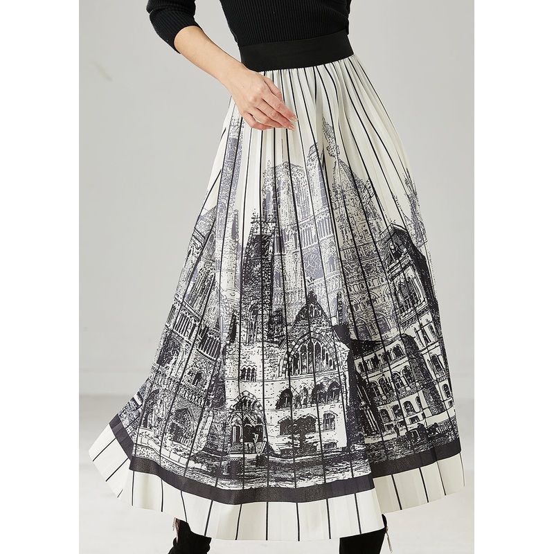 Classy White Striped Print Chiffon Pleated Skirts Summer