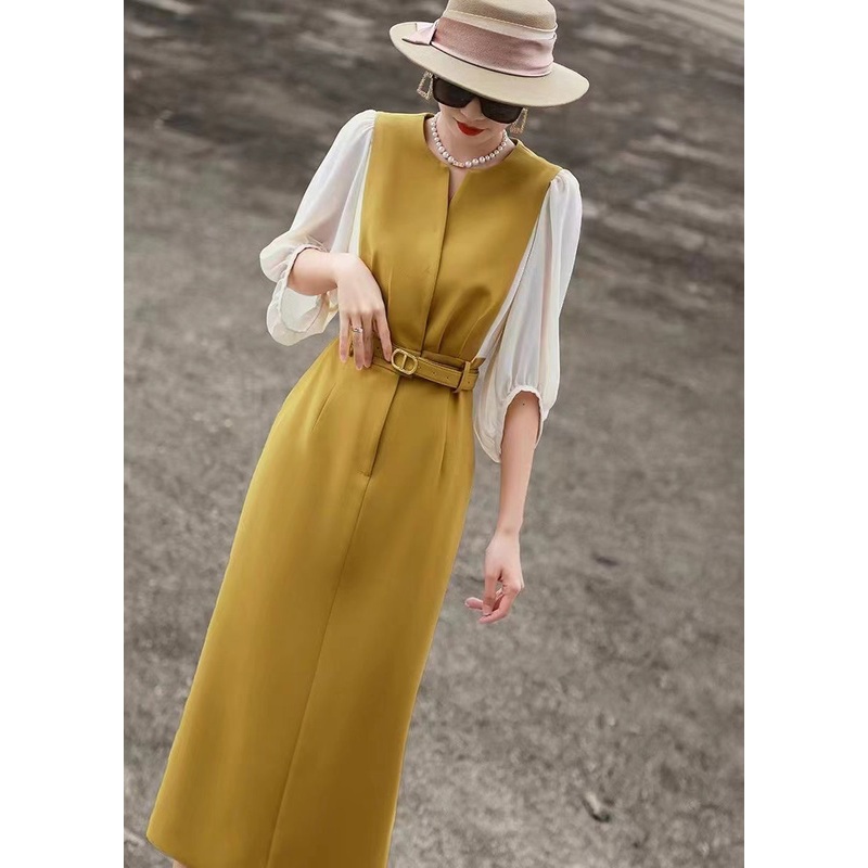 Classy Yellow O Neck Tie Waist Cotton Dress Bracelet Sleeve