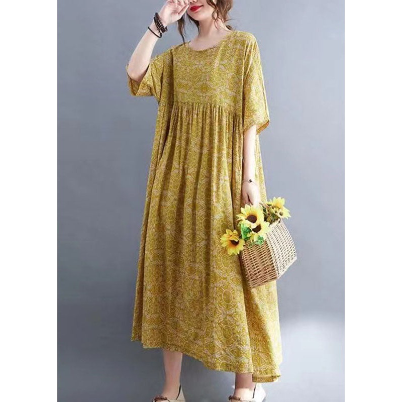 Classy Yellow Patchwork Wrinkled Maxi Dress Half Sleeve