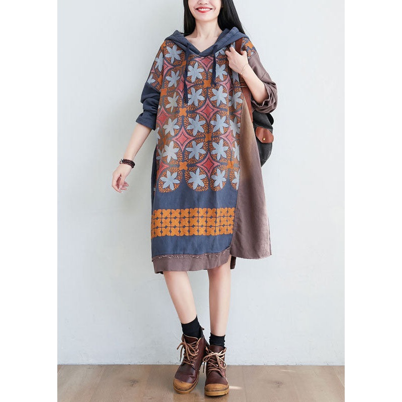 Coffee Print Patchwork Cotton Dress Hooded Spring