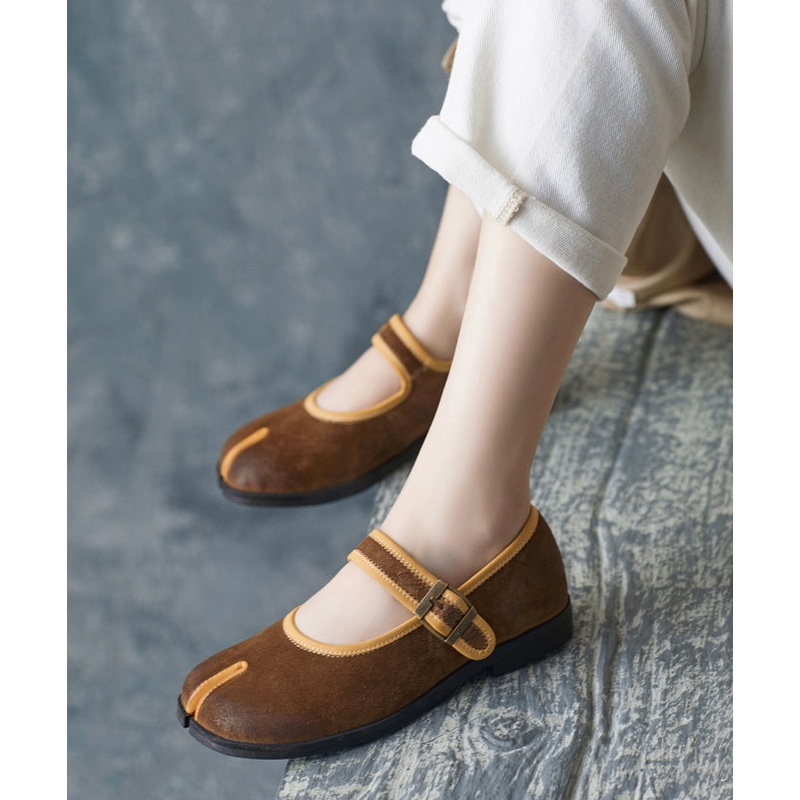Comfy Caramel Splicing Buckle Strap Flats Shoes