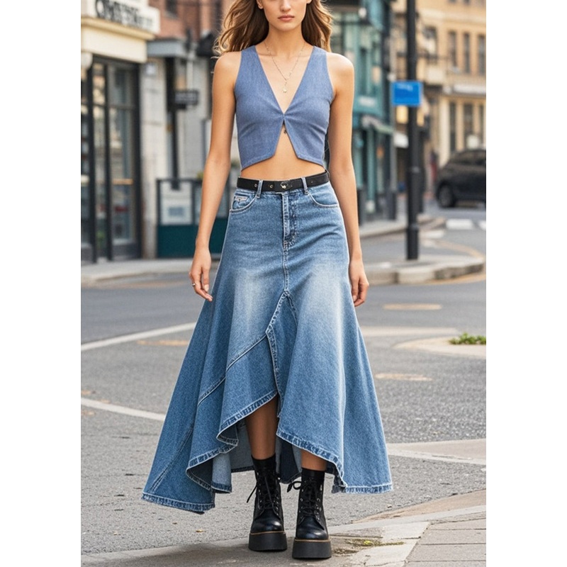 DIY Blue Asymmetrical Design Open Side Denim Vacation Skirts Spring