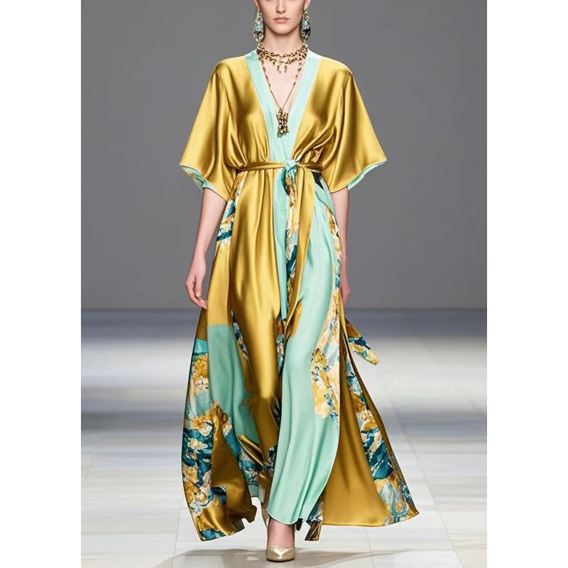 DIY Golden Tie Waist Print Silk Maxi Dress Summer