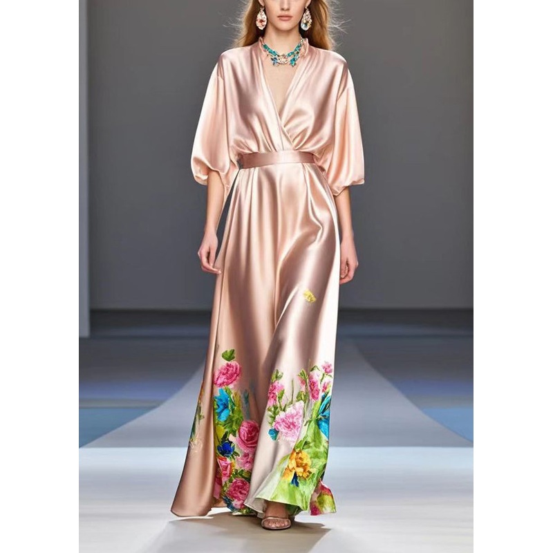 Diy Nude Cinched Floral Print Silk Robe Dresses Summer
