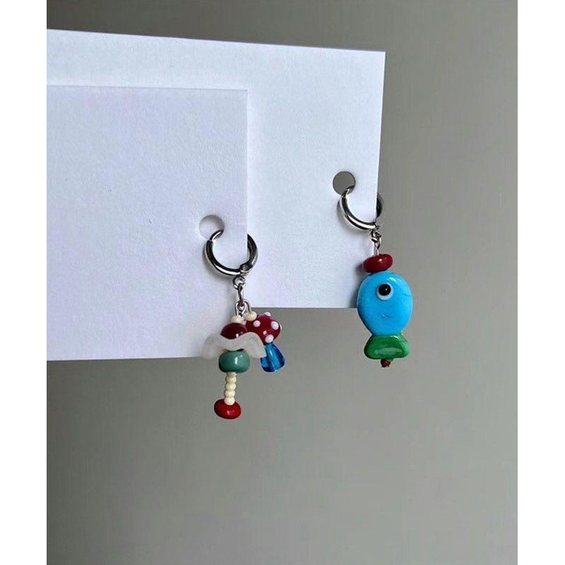 DIY Stainless Steel Asymmetrical Little Fish And Mushroom Drop Earrings
