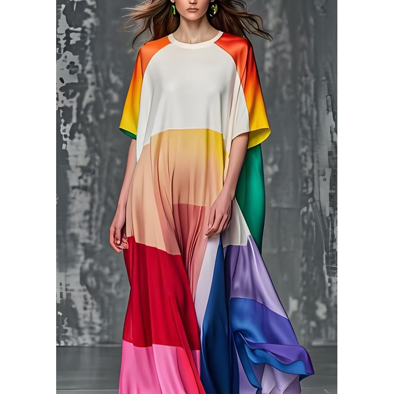 Elegant Colorblock O Neck Plus Size Silk Dresses Summer