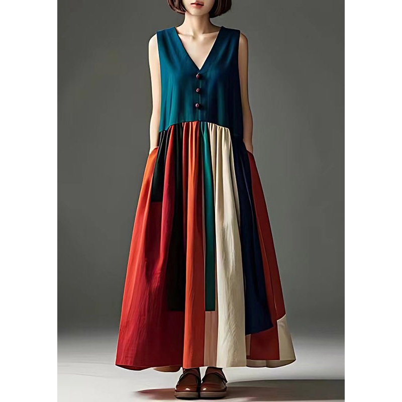 Elegant Peacock Green V Neck Patchwork Cotton Long Dress Sleeveless