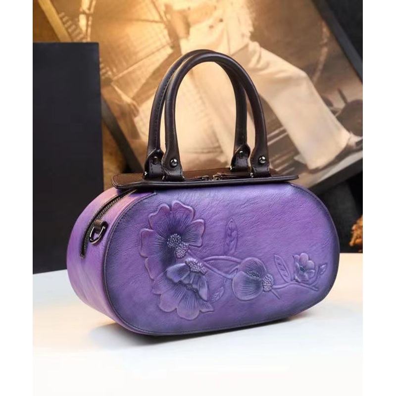 Elegant Purple Handmade Embossed Calf Leather Tote Handbag