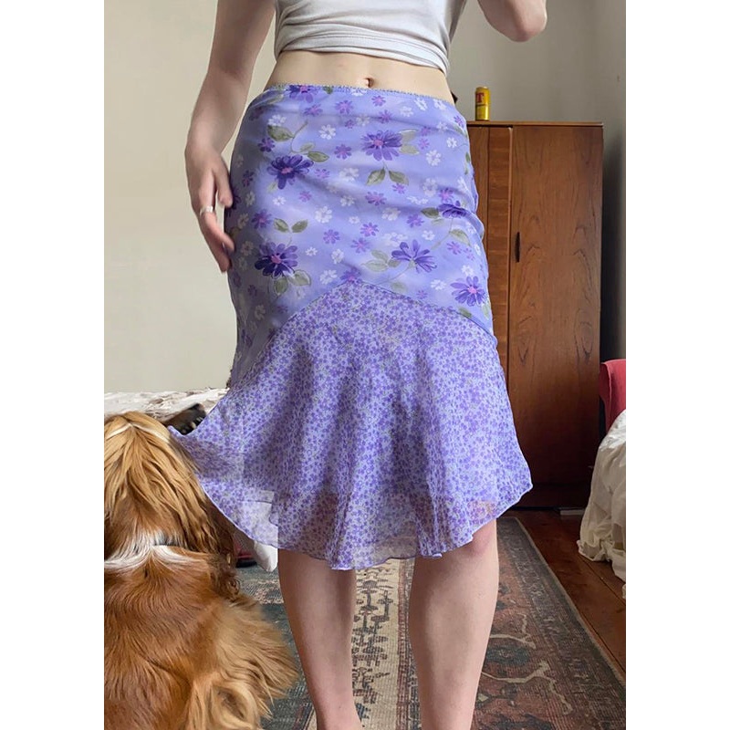 Elegant Purple Zippered Print Patchwork Chiffon Skirt Summer