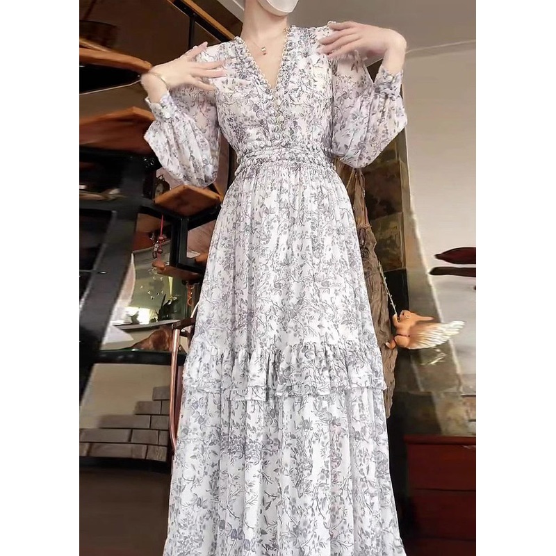 Elegant White Ruffled Print Chiffon Dress Long Sleeve