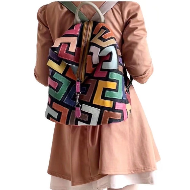 European And American Fashion Colorful Cowhide Patchwork Backpack