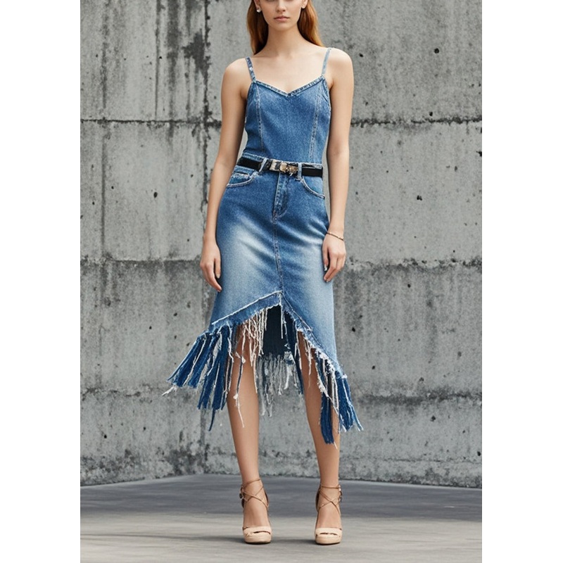 Fashion Blue Asymmetrical Tasseled Denim Skirts Summer
