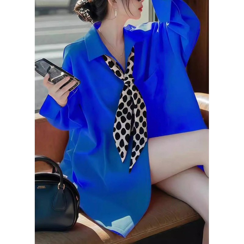 Fashion Blue Peter Pan Collar Solid Shirt Spring