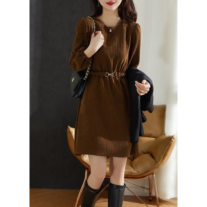 Fashion Brown Thick Cotton Tunic Dress Spring