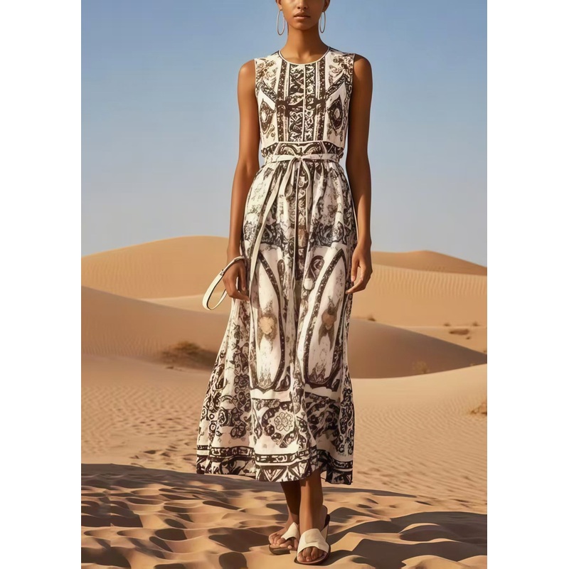 Fashion Brown Tie Waist Print Cotton Long Dress Summer