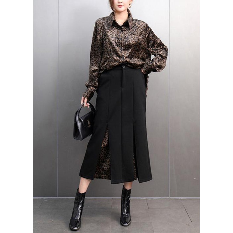Fashion Leopard Peter Pan Collar Button Shirts And Maxi Skirts Two Pieces Set Spring
