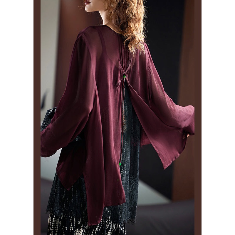 Fashion Mulberry O Neck Chiffon UPF 50+ Smock Tops Summer