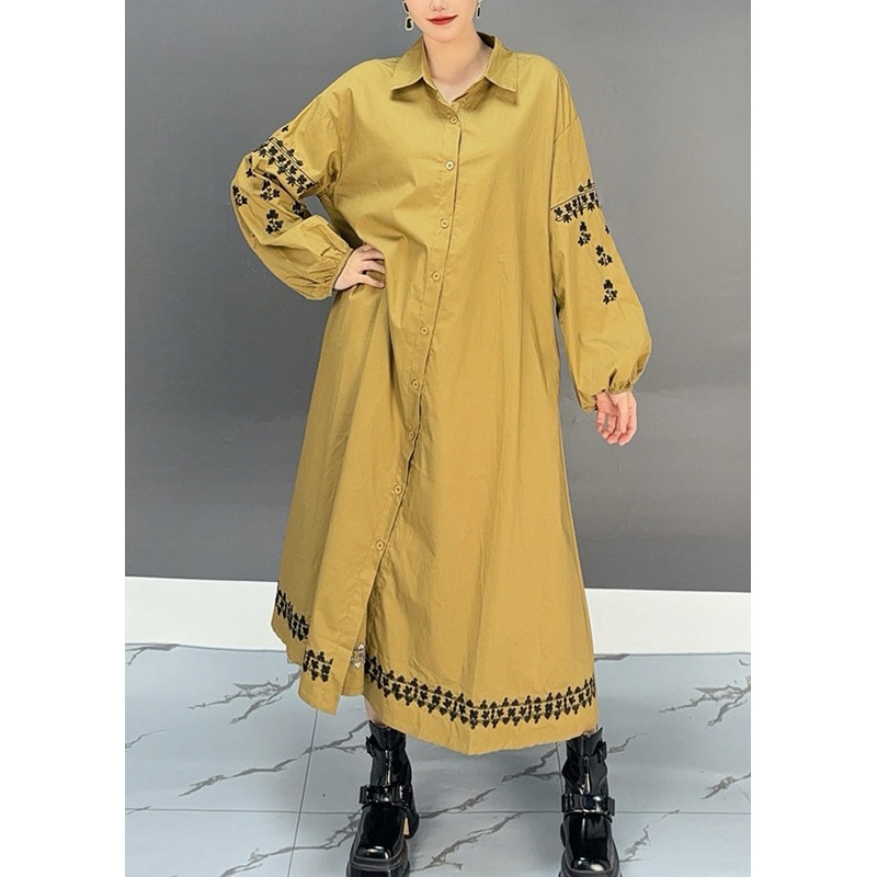 Fashion Yellow Peter Pan Collar Print Button Long Dress Spring