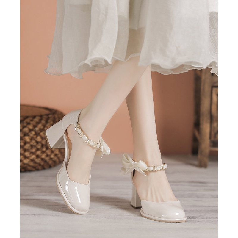 Faux Leather Apricot Chunky Heel Sandals French Splicing Bow Buckle Strap