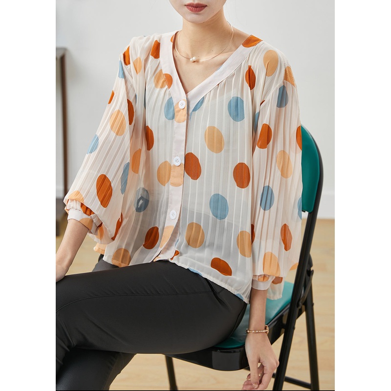 Fine Multicolour Dot Wrinkled Chiffon Blouse Tops Spring