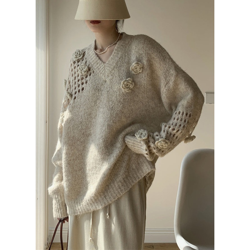 Floral Apricot V Neck Hollow Out Cotton Knit Sweater Winter