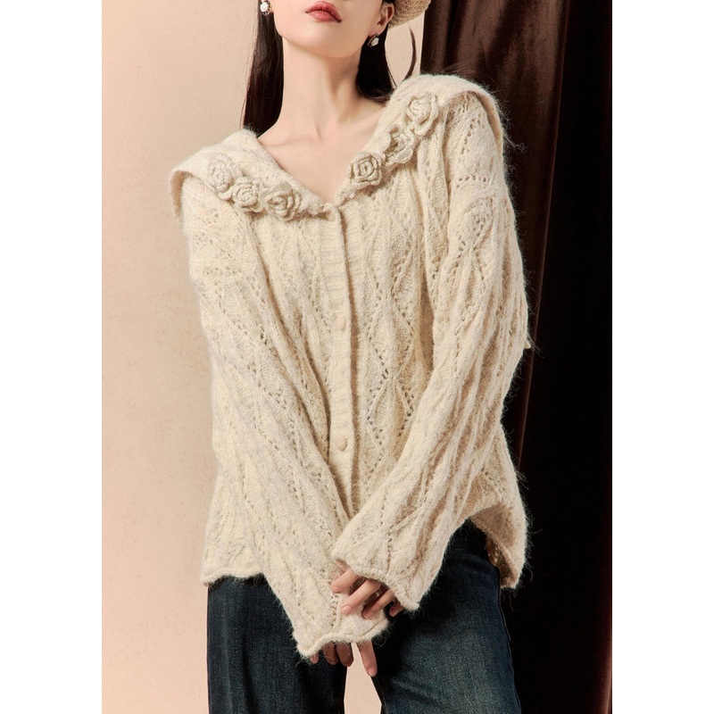 Floral Beige Button Hollow Out Knit Sweaters Spring