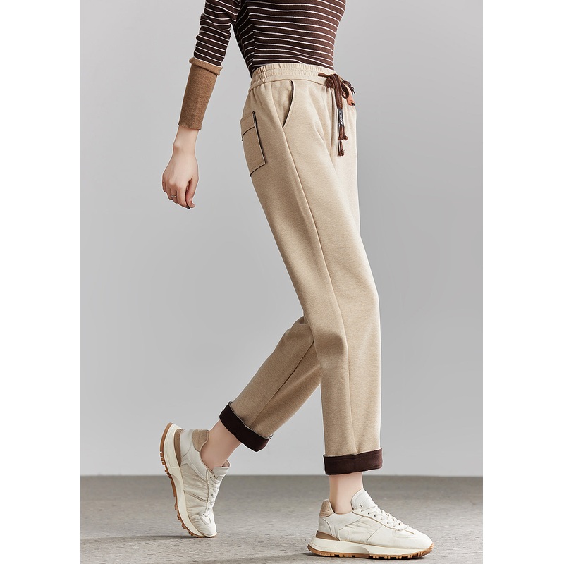 French Beige Elastic Waist Pockets Cotton Crop Pants Spring