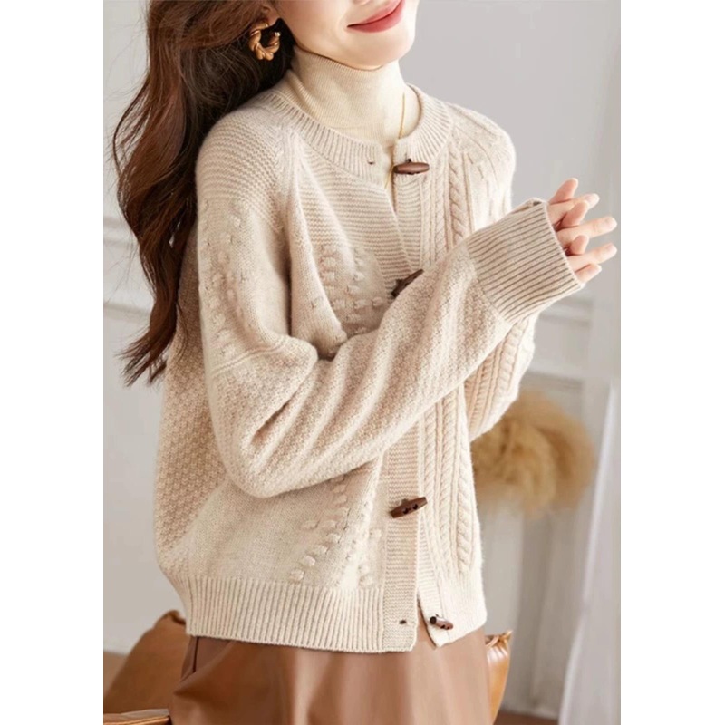French Beige O Neck Button Cozy Knit Cardigan Fall