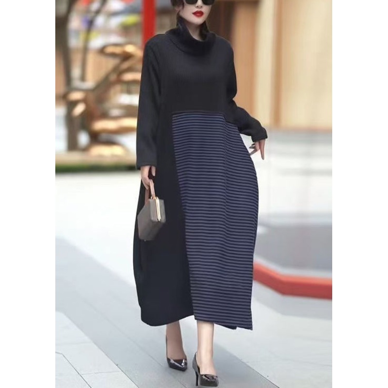 French Black Asymmetrical Striped Knit Patchwork Long Dress Winter