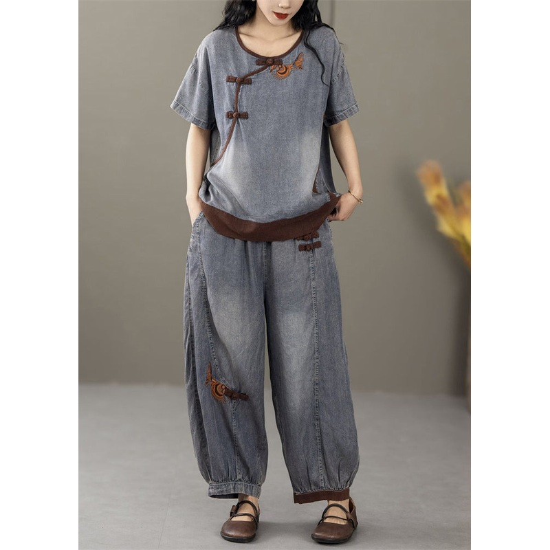 French Blue Embroidered Pockets Patchwork Denim Two-Piece Set Summer
