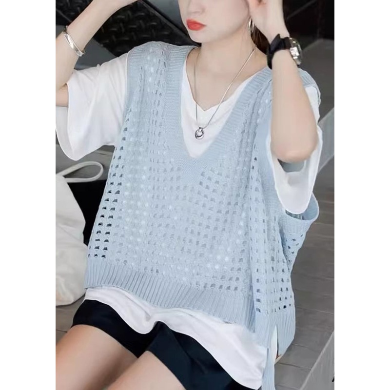 French Blue V Neck Hollow Out Knit Vest Summer