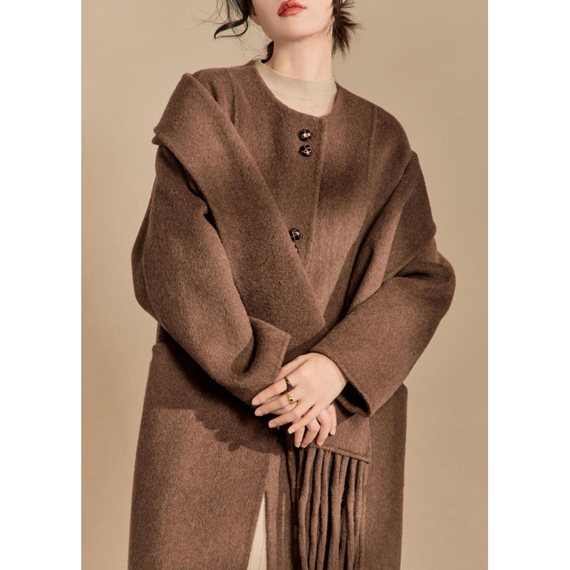 French Coffee Scarf Button Pockets Woolen Long Coats Winter