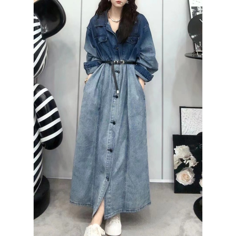 French Gradient Color Button Pockets Denim Shirts Dresses Long Sleeve