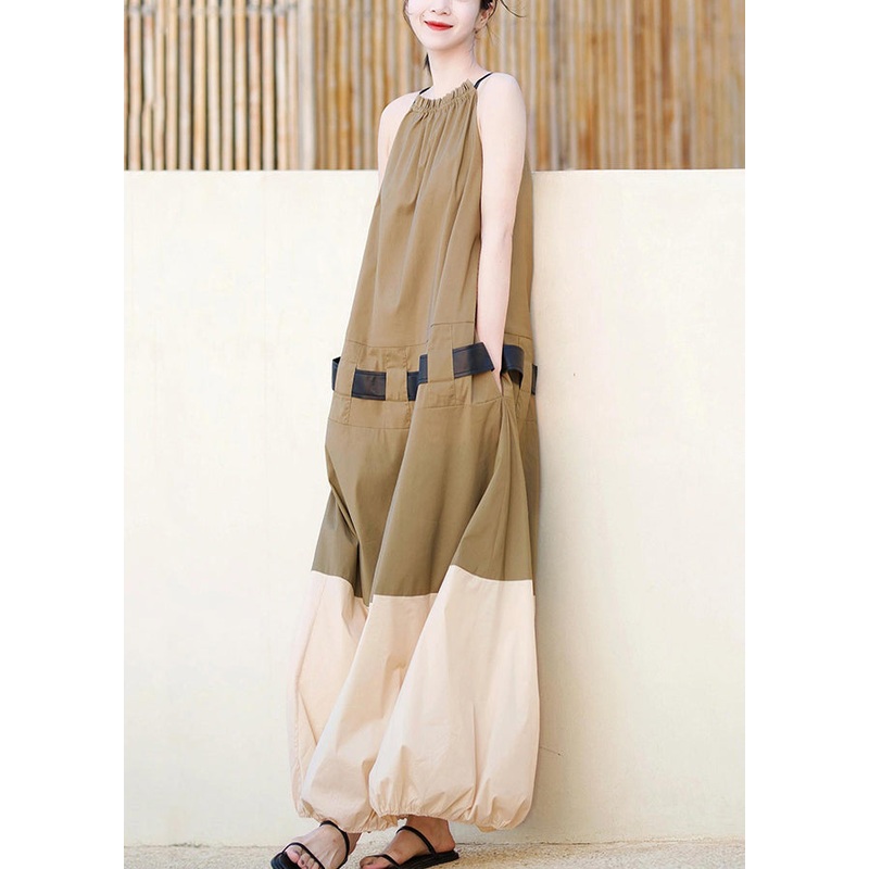French Khaki Pockets Patchwork Cotton Dress Sleeveless