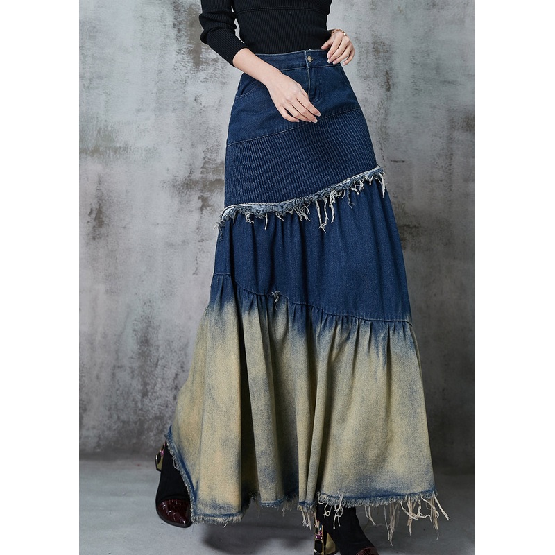 French Navy Silm Fit Patchwork Gradient Color Denim Skirt Spring
