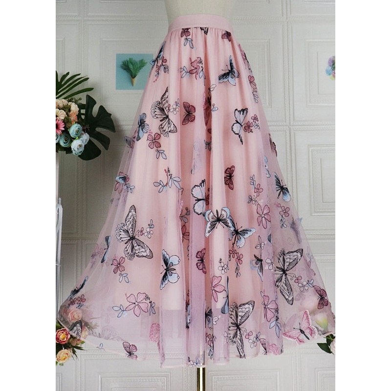 French Pink Embroidered Butterfly High Waist Tulle Skirt Spring
