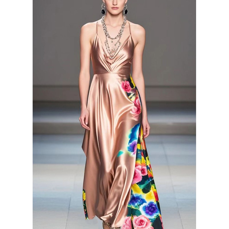 French Rubber Pink Flower Print Exra Large Hem Silk Spaghetti Strap Dress Summer