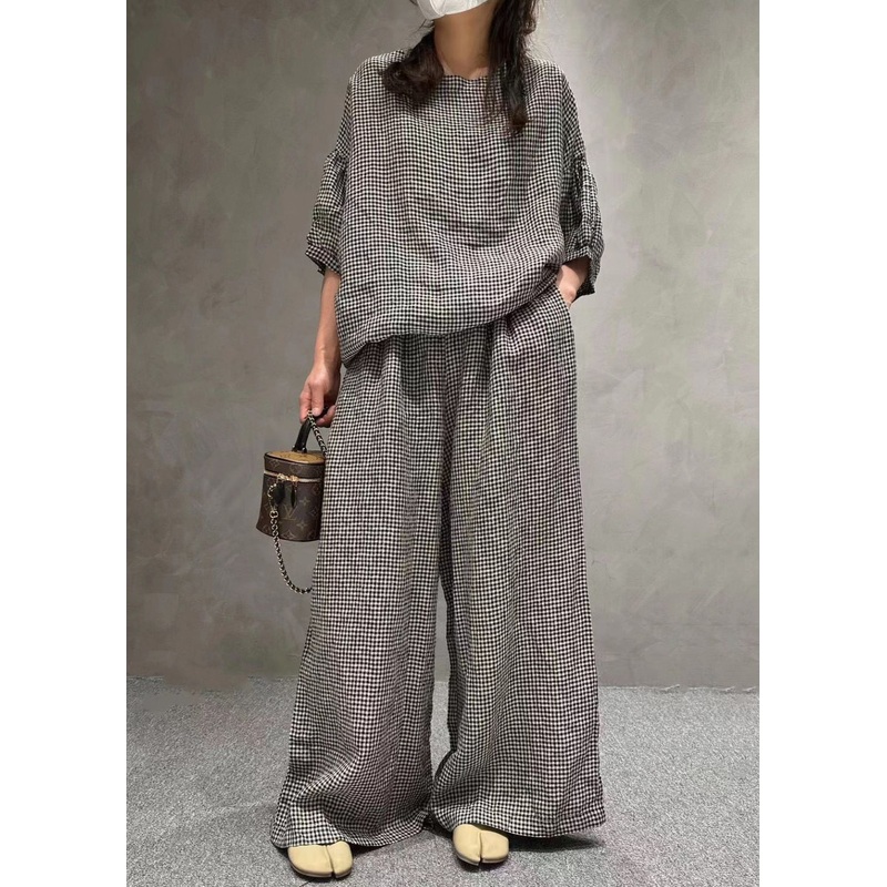 French Small Plaid O-Neck Pockets Cotton Two Pieces Set Half Sleeve