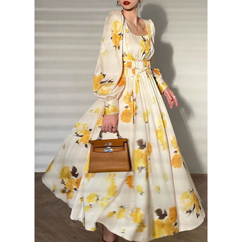 French Yellow Print Square Collar Exra Large Hem Silk Maxi Dresses Long Sleeve